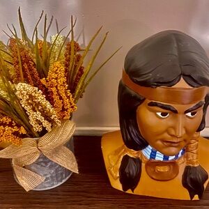 Decorative Native American Bust with Floral Arrangement